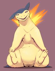 3_toes anthro darkened_genitalia darkened_vulva feet female fire fizzpop fur generation_2_pokemon genitals hi_res looking_at_viewer nintendo nude on_ground open_mouth pokemon pokemon_(species) red_background simple_background sitting sitting_on_ground smile solo tan_body tan_fur teeth toes typhlosion vulva