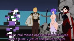 armored_male black_hair black_hair_female blonde_hair breasts brown_hair brown_hair_female dialogue glitch green_lantern jaune_arc jessica_cruz justice_league_x_rwby:_super_heroes_and_huntsmen long_hair long_hair_female melody_(projektmelody) projektmelody ruby_rose rwby shield summoning superheroine tail theblackbirdcalls