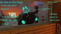 against_glass big_breasts caption deltarune glowing_nipples glowing_tongue goon_caption huge_breasts looking_at_viewer minecraft pervmommy tasque_manager_(cryptiacurves) tasque_manager_(deltarune) text tongue_out vrchat winter