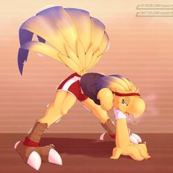 1:1 amputated_arms amputee ankle_band anthro ass_up athletic athletic_male athletic_wear avian avian_feet bandage bandaged_arm beak bird blue_eyes bodily_fluids bottomwear chocobo claws clothing digital_media_(artwork) disability exercise exercise_clothing feathered_crest feathered_tail feathers feet final_fantasy fitness head_crest male missing_arm open_mouth shirt shorts signature simple_background solo square_enix sweat sweatdrop sweaty_clothing sweaty_legs tail tail_feathers talons tank_top toes topwear vogold workout