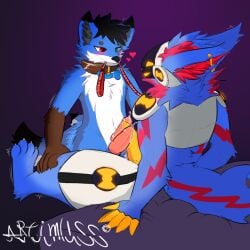 2_penises 2_tails anthro aquatic artimuss black_body black_fur blue_body blue_eyes blue_fur blush blush_lines bodily_fluids brown_body brown_fur canid canine canis collar dhole duo ear_piercing erection feet fish frottage fur genital_fluids genitals golden_claws heart_symbol heterochromia hybrid industrial_piercing kyahkotanameshi_(character) leaking_precum leash leash_in_mouth leg_grab machine male male/male mammal multi_genitalia multi_penis multi_tail object_in_mouth paws penile penis penises_touching piercing precum precum_on_penis protogen red_body red_eyes red_fur sex shark shark_tail sweet_tooth_(artimuss) tail white_body white_fur wolf yellow_penis