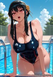 2026 ai_generated anime bangs bare_shoulders black_hair blush breasts cleavage cloud collarbone competition_swimsuit covered_nipples crossover day earrings eye_contact female female_focus female_only flower flushed gold_hairband hair_accessory hair_flower hair_ornament hairband highleg highleg_swimsuit highres huge_breasts jewelry large_breasts leaning_forward lips long_hair looking_at_viewer moaning nsfw one-piece_swimsuit open_mouth outdoors patreon patreon_username pool pool_ladder poolside red_eyes red_lips red_nails rognezart sidelocks skindentation sky solo spy_x_family swimsuit thick_thighs thighs very_long_hair water web_address wet yor_briar yor_forger