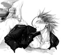 2boys ass blush bottomless erection eyeshield_21 from_behind gaou_rikiya gay harikonotora huge_cock looking_back male male_only marco_reiji monochrome multiple_boys multiple_males nipples open_clothes open_shirt penis set size_difference sweat translated wet yaoi