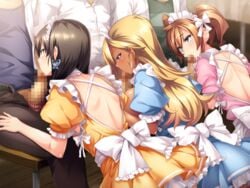 3boys 3girls angelo_(gomahangetsu) back black_hair blonde_hair blue_eyes blush breasts brown_hair censored chair earrings fellatio fffmmm_sixsome game_cg green_eyes highres hirakawa_natsumi_(jk_bitch_sannin_musume!) jk_bitch_sannin_musume! kneeling large_breasts light-skinned_female light-skinned_male light_skin long_hair looking_down looking_up maid maid_headdress multiple_boys multiple_girls nishizawa_shizuku oral orgy penis sasamori_anna sitting sixsome tied_hair twintails whooosaku yellow_eyes