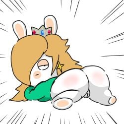1:1 2021 anthro ass bangs big_butt black_eyes blonde_hair blush body_blush butt_blush cel_shading closed_frown clothed clothed_anthro clothed_female clothing crossover crown digital_drawing_(artwork) digital_media_(artwork) female female_anthro frown frowning_at_viewer fur gem genitals hair hair_over_eye headgear japanese_description lagomorph light lighting long_ears looking_at_viewer looking_back looking_back_at_viewer lying mammal mario_+_rabbids mario_+_rabbids:_sparks_of_hope mario_bros mario_plus_rabbids_sparks_of_hope motion_lines mouth_closed multicolored_body nintendo noseless on_front osirisky pawpads presenting presenting_hindquarters rabbid rabbid_rosalina raving_rabbids rayman_(series) ruby_(gem) sapphire_(gem) shaded shirt simple_background solo tan_body tan_eyelids tan_inner_ear tan_pawpads tan_skin teal_clothing teal_shirt teal_topwear thick_thighs topwear two_tone_body ubisoft vulva white_background white_body white_fur white_vulva