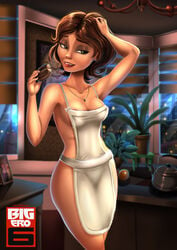 1girls apron areola_slip big_hero_6 breasts brown_hair cass_hamada cleavage disney donut eyeliner eyeshadow female female_only food green_eyes hourglass_figure licking_lips lipstick makeup marvel marvel_comics mature_female naked_apron pendant shadman short_hair sideboob slim_waist smile solo standing tongue