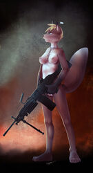 2015 anthro areola blonde_hair breasts brown_fur canine chain chains collar ear_piercing ear_tag erect_nipples female fox full_body fur green_eyes gun hair james_fritz light_machine_gun looking_away m249 machine_gun mammal medium_breasts necklace nipples nude perky_breasts piercing pose pussy raised_tail ranged_weapon short_hair signature slave solo spiky_hair tag weapon white_fur