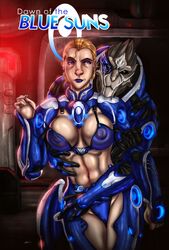 alien bikini_top blonde_hair blue_eyes cleavage erect_nipples female groping human interspecies male mass_effect navel panties short_hair standing turian ultamisia undressing