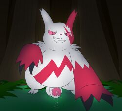 all_fours balls big_claws bodily_fluids claws dripping erection fangs feral foreskin forest fur generation_3_pokemon genital_fluids genitals grin hi_res humanoid_genitalia humanoid_penis kamek_sans looking_at_viewer low-angle_view male nintendo penis pink_nose plant pokemon pokemon_(species) precum precum_drip precum_on_ground precum_trail red_body red_fur red_sclera slightly_chubby smile solo teeth tree white_body white_fur zangoose