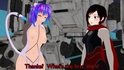 2girls black_hair black_hair_female blue_eyes bodysuit breasts half-dressed half_naked half_naked_female melody_(projektmelody) projektmelody purple_hair purple_hair_female ruby_rose rwby silver_eyes skin_tight skintight_bodysuit theblackbirdcalls