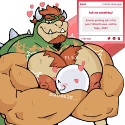 2_horns 2d anthro bara bared_teeth beard biceps big_muscles big_nipples big_pecs bodily_fluids body_hair bowser chest_hair crococola english_text face_in_breasts facial_hair hair hairy heart_symbol hi_res horn hug huge_pecs hugging_another humanoid koopa male male_only mario_(series) mario_bros muscular muscular_anthro muscular_male nintendo nipples pecs pressing_against scalie shell smile smirk solo spikes super_mario_bros. sweat text tight_hug