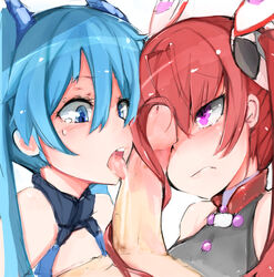 1boy 2girls angry blue_eyes blue_hair canon_genderswap clothing collaborative_fellatio fellatio hair hair_ornament hairjob licking long_hair mitsuka_souji multiple_girls muoto open_mouth oral ore_twintail_ni_narimasu penis purple_eyes red_hair rule_63 saliva tail_blue tail_red teamwork tears threesome tied_hair tongue tsube_aika twintails uncensored