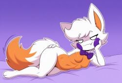 tifokoh57 ai_generated white_outline outline 1girls lolbit_(fnaf) lolbit_(frickbears) five_nights_at_freddy's five_nights_at_frickbears_3 five_nights_at_freddy's:_sister_location scottgames female anthro anthro_female furry furry_female furry_only female_only solo fox fox_ears fox_tail canid canine canis white_fur orange_fur two-tone_fur two-tone_body purple_cheeks purple_bowtie bowtie nude nude_female naked naked_female fluffy_tail tail dipstick_tail animal_ears fluffy_hair cheek_tuft fang small_breasts breasts curvy wide_hips thick_thighs blank_eyes featureless_breasts no_nipples lying on_side on_bed looking_at_viewer half-closed_eyes closed_mouth smile hand_on_cheek hand_on_hips motion_lines bed_sheet purple_background gradient_background bed hand_on_own_cheek hand_on_hip hand_on_own_hip