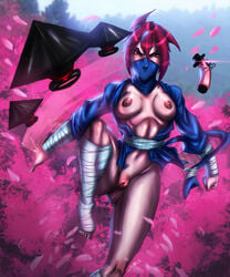 breasts female kunai mask ninjakitty_(character) nipples open_clothes pink_hair pussy red_eyes short_hair solo ultamisia uncensored wangsworth weapon