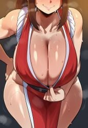 1girls ai_generated big_breasts blush breasts_focus cleavage cleavage_focus cleavage_pull fatal_fury female female_only hand_on_hip head_out_of_frame huge_breasts king_of_fighters leaning_forward light-skinned_female mai_shiranui seductive_smile smile solo_female standing sweaty_body tagme thick_thighs wide_hips