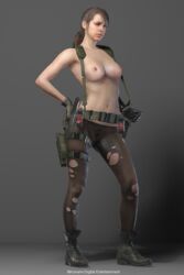 1girls belt boots breasts brown_hair female gloves knife metal_gear metal_gear_solid metal_gear_solid_v navel nipples pantyhose photoshop ponytail pubic_hair pussy quiet_(metal_gear) solo standing stefanie_joosten suspenders thigh_strap tied_hair torn_pantyhose weapon