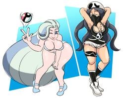 2girls bikini breasts cleavage drasna_(pokemon) gilf granny mature_female mature_woman melony_(pokemon) milf necklace nintendo old old_woman pokeball pokemon rougethedaisy shorts swimsuit team_skull team_skull_grunt wide_hips