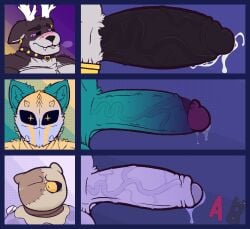 1_eye absurd_res anthro antlers anxiboi bag_on_head ball_stretcher balls bandage bandaged_tail bashful big_balls big_muscles big_pecs big_penis blush bodily_fluids breath chart collar crotch_tuft deer demon dick_chart digital_media_(artwork) ear_piercing ear_ring emotionless excessive_genital_fluids excessive_precum eyebrow_piercing facial_piercing fangs felid feline fluffy foreskin fur genital_fluids genitals ghost green_body green_fur grey_body grey_fur group hi_res hidden_face horn huge_cock humanoid_genitalia humanoid_penis ivan_(anxiboi) looking_aside looking_at_viewer male mammal mask multicolored_body multicolored_fur muscular nervous nubbed_penis panting pecs penis piercing pixel_(artwork) precum purple_body purple_eyes reno_(anxiboi) retracted_foreskin ring_piercing sack saggy_balls side_profile simple_background spirit star_eyes sweat sweatdrop teeth thick_penis tight_foreskin trio tuft unknown_species vein veiny_penis watermark wearing_mask yellow_body yellow_eyes yellow_fur zetar_(anxiboi)