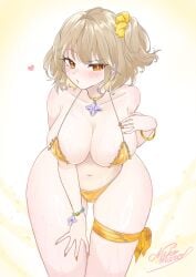 anis_(nikke) ass_visible_through_thighs bent_over bikini blush bracelet frills gigantic_ass goddess_of_victory:_nikke gold_bikini hand_on_lap heart huge_breasts looking_at_viewer micro_bikini naughty_face puckered_lips scrunchie seductive seductive_look signature thick_thighs thigh_strap wide_hips wrist_scrunchie yellow_nails