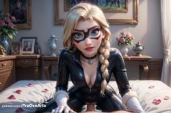 1boy 1boy1girl 1girls ai_generated bed blonde_hair blue_eyes bodysuit braid breasts choker cleavage cowgirl_position disney disney_princess domino_mask elsa_(frozen) female flower frozen_(film) frozen_2 gloves hair_over_shoulder hi_res indoors long_hair looking_at_viewer makeup mask medium_breasts on_bed parted_lips patreon_username penis petals pov progenarts pussy rose sex single_braid solo_focus straddling straight uncensored unzipped vaginal_penetration vaginal_sex vase web_address white_gloves zipper