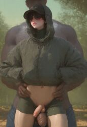 2boys ai_generated baseball_cap belly_button biker_shorts black_hair closed_eyes dark-skinned_male faceless_male femboy feminine_male hands_in_pockets hannai hat hip_grab hood hood_up jacket large_penis male male_only otoko_no_ko outdoors pants_down penis penis_between_thighs penis_size_difference precum short_hair shorts_down size_difference standing sunglasses testicles thigh_sex thighs trap yaoi