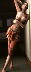 3d armpits barefoot breasts brown_hair chell closed_eyes dead_source feet female navel nipples no_artist_signature portal_(series) sexy_armpits slop_art solo source_filmmaker standing topless