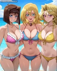3girls :d ai_generated anzu_mazaki bangs bare_shoulders beach bikini blonde_hair blue_bikini blue_eyes blue_sky blush breasts brown_hair choker cleavage cloud collarbone cowboy_shot dandanhub dark_magician_girl day duel_monster female female_only frilled_bikini frills front-tie_bikini_top front-tie_top green_eyes grin groin hair_between_eyes hair_intakes halterneck kujaku_mai large_breasts long_hair looking_at_viewer mai_valentine medium_hair multiple_girls navel ocean open_mouth outdoors parted_lips pink_bikini polka_dot polka_dot_bikini red_eyes short_hair side-tie_bikini_bottom sky smile standing stomach sweat swimsuit tea_gardner teeth water wet yellow_bikini yu-gi-oh! yu-gi-oh!_duel_monsters