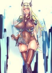 blonde_hair breasts cameltoe erect_nipples female large_breasts long_hair nipples see-through sexually_suggestive smile solo standing sword thighhighs weapon yamada_(gotyui)