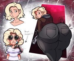 1girls ass ass_bigger_than_head ass_focus bent_over big_ass blonde_hair breasts capcom clothing dumptruck_ass earrings female female_focus female_only from_behind grace_ashcroft gun huge_ass injury jacket jeans meryo_2 resident_evil resident_evil_9:_requiem short_hair solo solo_female solo_focus tear thick thick_ass thick_thighs