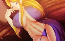 beige_skin blonde_hair blue_eyes breasts cleavage female huge_breasts hyrule_warriors jassycoco laying_down long_hair naughty_face nintendo nipples panties princess_zelda skimpy solo the_legend_of_zelda wide_hips zelda_(hyrule_warriors)