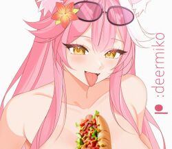 animal_ears artist_name black-framed_eyewear blush breasts collarbone commentary completely_nude deermiko english_commentary eyewear_on_head fangs female flower hair_flower hair_ornament hololive hololive_english hot_dog huge_breasts long_hair multicolored_hair nude open_mouth orange_flower paid_reward_available panther_ears panther_girl patreon_username pink_hair raora_panthera simple_background smile streaked_hair sunglasses tongue tongue_out two-tone_hair virtual_youtuber white_background yellow_eyes zalgo_commentary