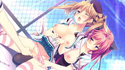 2girls blue_eyes blush breasts brown_hair censored collarbone fence game_cg kanojo_ga_ore_ni_kureta_mono._ore_ga_kanojo_ni_ageru_mono. kojima_alice kojima_neneko large_breasts long_hair mosaic_censoring multiple_girls nipples onomatope open_mouth panties pink_panties purple_eyes pussy red_hair shiratama sisters striped striped_legwear thighhighs underwear wince