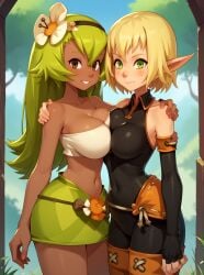 2020s 2girls ai_generated amalia amalia_sheran_sharm black_rubber bodysuit breast_press breast_squeeze evangelyne female female_only green_hair long_hair png princess_amalia_sheran_sharm rubber rubber_clothing rubber_suit source_request tagme wakfu yuri