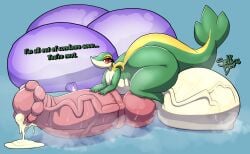 absurd_res ass balls big_balls big_butt big_penis bodily_fluids condom cum excessive_cum excessive_genital_fluids filled_condom generation_5_pokemon genital_fluids genitals hi_res huge_balls huge_butt huge_cock hyper hyper_balls hyper_butt hyper_genitalia hyper_penis male musk nintendo penis pokemon pokemon_(species) sexual_barrier_device snekkobean snivy sweat thick_thighs