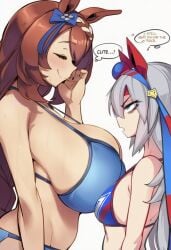 2d 2girls ai_generated angry animal_ears annoyed asymmetrical_docking big_breasts bikini blue_bikini blue_bow blue_eyes blue_hairband blush bow braid breast_conscious breast_envy breast_press breast_size_difference breasts brown_hair closed_eyes closed_mouth ear_bow english english_text female female_only from_side grey_hair hair_between_eyes hairband hairbow headband height_difference horse_ears horse_girl huge_breasts large_breasts long_hair looking_at_another looking_at_breasts multiple_girls red_headband sideboob simple_background size_difference sloppingslurpie small_breasts smile super_creek_(umamusume) swimsuit tamamo_cross_(umamusume) text thought_bubble umamusume umamusume_pretty_derby upper_body white_background