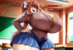 1girls ai_generated ass_expansion blue_skirt blurry_background bow breast_expansion breast_growth breasts_bigger_than_head breasts_bigger_than_torso brown_hair bursting_breasts busty creepy_smile curvaceous curvy doki_doki_literature_club english_text expansion female gigantic_ass gigantic_breasts gigantic_butt gigantic_thighs green_eyes growth growth_drive hourglass_figure huge_ass huge_breasts hyper hyper_ass hyper_breasts hyper_butt hyper_genitalia hyper_thighs long_hair looking_at_viewer monika_(doki_doki_literature_club) open_mouth ponytail school_uniform schoolgirl seductive skirt small_waist smile talking_to_viewer thick_thighs thigh_expansion voluptuous white_ribbon wide_hips xyloass