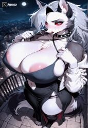 1girls ai_generated anthro ass beautiful bed beenyiech big_ass big_breasts black_dress black_eyeshadow black_fur black_lips black_lipstick blush bra breasts canid canine canis chest_fur chocker clothed clothing demon demon_girl dress ear exposed furry furry_female gigantic_breasts grey_body grey_fur grey_hair hellaverse hellhound helluva_boss huge_ass huge_breasts large_areolae long_hair looking_at_viewer loona_(helluva_boss) makeup moon moonlight navel open_mouth red_sclera seductive seductive_pose seductive_smile sexy stars stomach tail thick_thighs thin_waist thong two-tone_body two-tone_fur two-tone_tail vivienne_medrano vivziepop white_body white_eyes white_fur white_jacket wolf wolf_ears wolf_girl wolf_tail