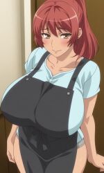 1female 1girls ai_generated apron ass at bangs big black blue blush breasts closed collarbone curvy dragon eyes female girl gradient hair horns huge indoors long looking mouth multicolored only patreon pink pupils purple red shirt short sleeves slit smile solo sweat twintails username viewer