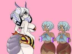 3girls awake_(artist) big_ass big_breasts blue_eyes godzilla:_city_on_the_edge_of_battle godzilla:_monster_planet godzilla:_the_planet_eater maina miana monster_girl moth_girl mothra mothra_(series) swimsuit tan tanned twins wings