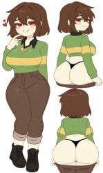 1girls ai_generated ass_focus bending_forward bending_over bent_forward bent_over big_hips big_thighs blush blush_stickers boobies boobs breasts chara chara_(undertale) character_sheet fat_ass fat_butt female hearts hearts_around_head hips honeybunn14 looking_at_viewer looking_back looking_back_at_viewer pixai presenting presenting_ass seductive seductive_eyes seductive_look seductive_smile showing_ass showing_off thighs thong tits titties undertale
