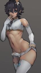 1boy androgynous aqua_eyes braid bulge covered_nipples cowboy_shot crop_top curvy english_commentary erection erection_under_clothes femboy flower genshin_impact gloves grey_background hair_flower hair_ornament hand_to_own_mouth highres light-skinned_male linea_alba male male_focus male_only medium_hair navel nelewdy penis revealing_clothes simple_background solo thighhighs trap twin_braids venti_(archon)_(genshin_impact) venti_(genshin_impact) white_gloves