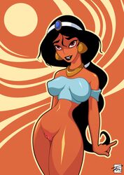 1girls 2014 aladdin arabian arabian_clothes black_hair brown_eyes dark-skinned_female dark_skin disney disney_princess earrings female female_only harem_outfit long_hair messy_hair navel no_panties princess_jasmine pupuliini pussy solo standing uncensored