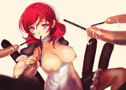 1girls 4boys bad_id breasts breasts_out choker disembodied_penis doomfest female handjob highres large_breasts love_live! love_live!_school_idol_project male_urethral_insertion multiple_penises nipples nishikino_maki pantyhose penis pocky purple_eyes red_hair saliva saliva_trail short_hair sounding tentacle urethral_insertion