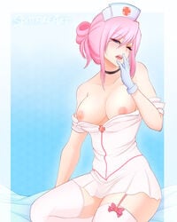 areolae bare_shoulders blue_eyes blush breasts clothes female gloves human medium_breasts my_little_pony nipples nurse nurse_redheart pink_hair ribbon solo spittfireart