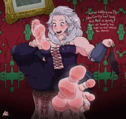 2022 5_toes anime artist_logo buff buff_female color colored dorohedoro feet_fetish female female_only heels lazzylad noi_(dorohedoro) picture_frame red_eyes sweaty text toes toes_spread wall watermark white_hair