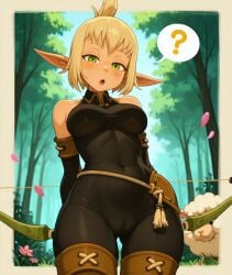 1girls 2020s ? ai_generated artist_request ass black_bodysuit blonde_hair bodysuit bow_(weapon) breasts camel_toe cameltoe elf elf_ears elf_female evangelyne female female_only flower forest looking_at_viewer pink_flower png sheep solo source_request sweatdrop tagme tight_clothing wakfu