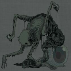 2026 4_arms ambiguous_gender ambiguous_humanoid black_eyes body_horror dark_theme disfigured eyeball fur gore green_body green_fur guts holding_eyeball horror_(theme) humanoid jejejunum mangled monster monstrous_humanoid multi_arm multi_limb organs ribs solo trypophobia undead zombie