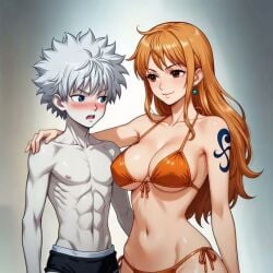 1boy 1boy1girl abs age_difference aged_up ai_generated animated belly_button big_breasts bikini bikini_top blue_eyes blush crossover crossover_pairing crossover_shipping curvy female hunter_x_hunter killua_zoldyck long_hair male male/female nami nami_(one_piece) older_female_and_younger_male one_piece orange_hair pale-skinned_male pirate_girl spiky_hair straight tagme tattoo teenager the_girl_next_door video voluptuous white_hair