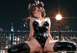 1boy ai_generated alternate_hairstyle bangs bare_shoulders black_leotard blush breasts brown_eyes brown_hair clothed_sex clothing_aside cowgirl_position d.va double_bun female grin hair_bun hair_ribbon headset kermixx lens_flare leotard leotard_aside long_hair looking_at_viewer medium_breasts night outdoors overwatch penis playboy_bunny pov pussy railing reverse_cowgirl_position ribbon sex shiny_clothes sky smile solo_focus spread_legs straddling straight strapless strapless_leotard sweat thighhighs twintails uncensored vaginal_penetration