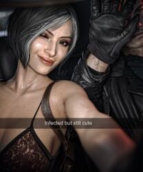 1boy 1girls 3d 3d_(artwork) ada_wong ada_wong_(adriana) aged_up aged_up_character aged_up_female asian asian_female ayjokar biohazard black_hair bra capcom dilf duo english english_text female gilf gloves gray_hair grey_hair holster human human_only infected jokar leon_scott_kennedy male mature_female mature_male milf resident_evil resident_evil_9:_requiem selfie short_hair smile smiling solo_focus twitter video_game_character video_game_franchise video_games wink wrinkles